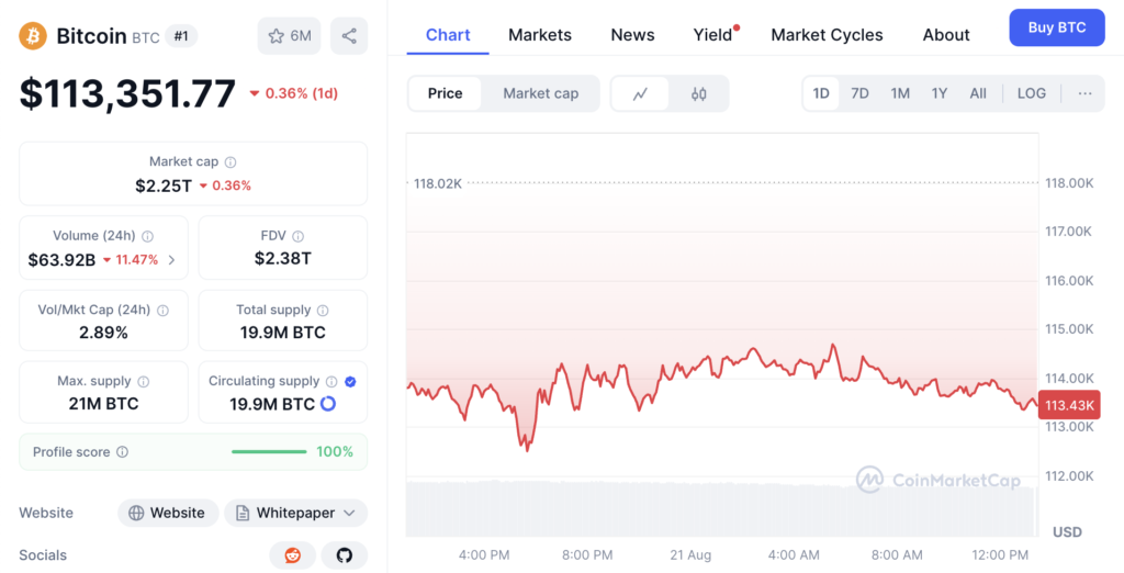 نمودار قیمت و اطلاعات بازار بیت کوین - منبع: CoinMarketCap